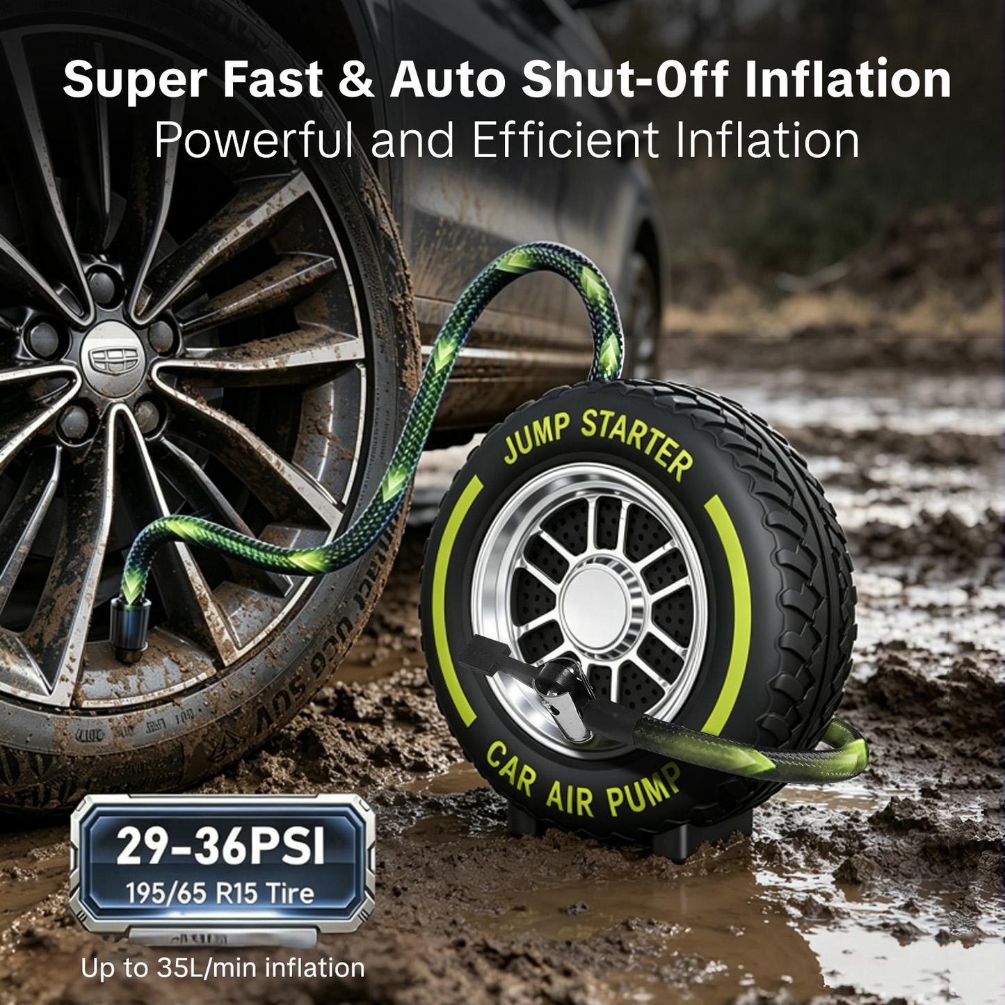 Portable Air Compressor Tire Inflator – 6000mAh Rechargeable Pump with 150 PSI Power, LED Flashlight & Car Battery Jump Starter